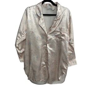 Vintage Satin Pajama Top M Pastel Floral Button Front Romantic Lounge Balletcore